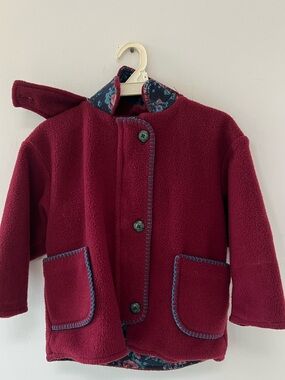 Vintage Kids Burgundy Fleece Jacket Floral cotton Lined Made in Canada unisex